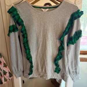 Crown & Ivy Gray Top with Green Plaid Detail Ruffle Holiday Small Anthropologie